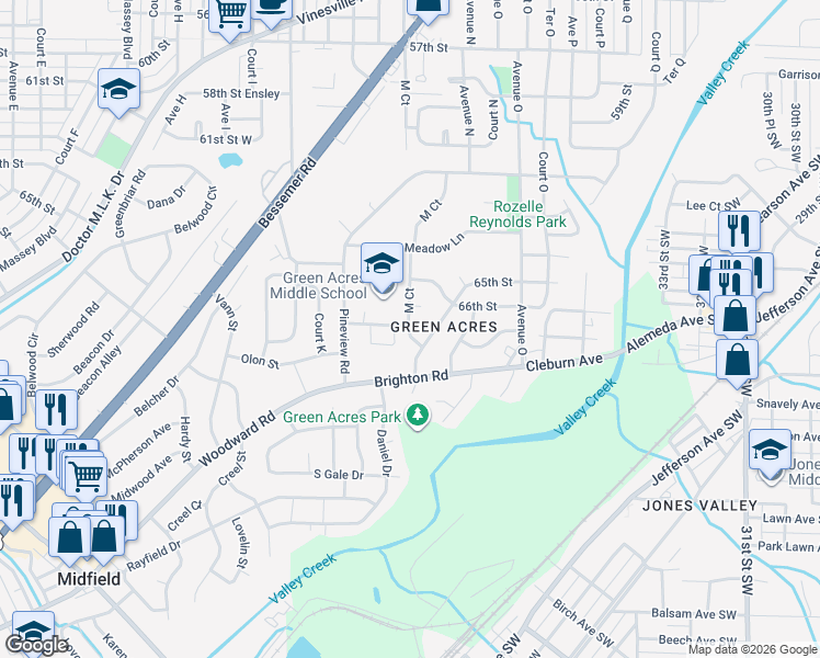 map of restaurants, bars, coffee shops, grocery stores, and more near 6701 M Court in Birmingham