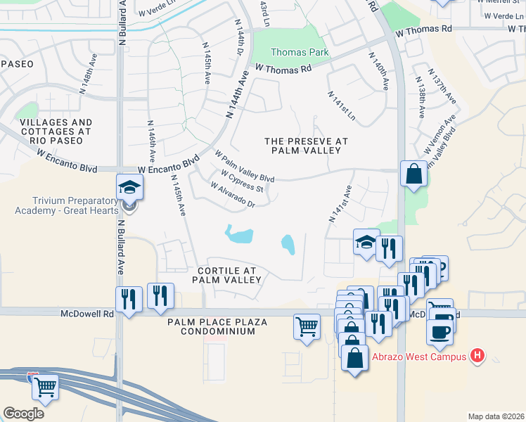 map of restaurants, bars, coffee shops, grocery stores, and more near 14309 West Alvarado Drive in Goodyear