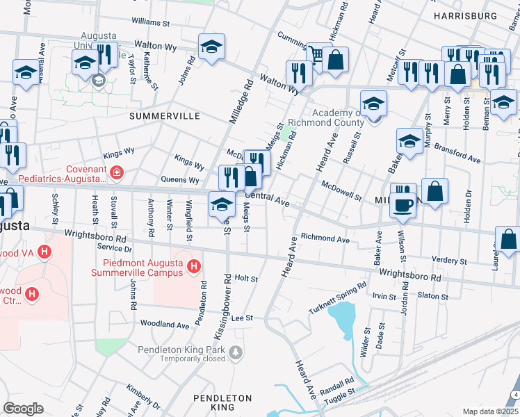 map of restaurants, bars, coffee shops, grocery stores, and more near 1215 Hickman Road in Augusta