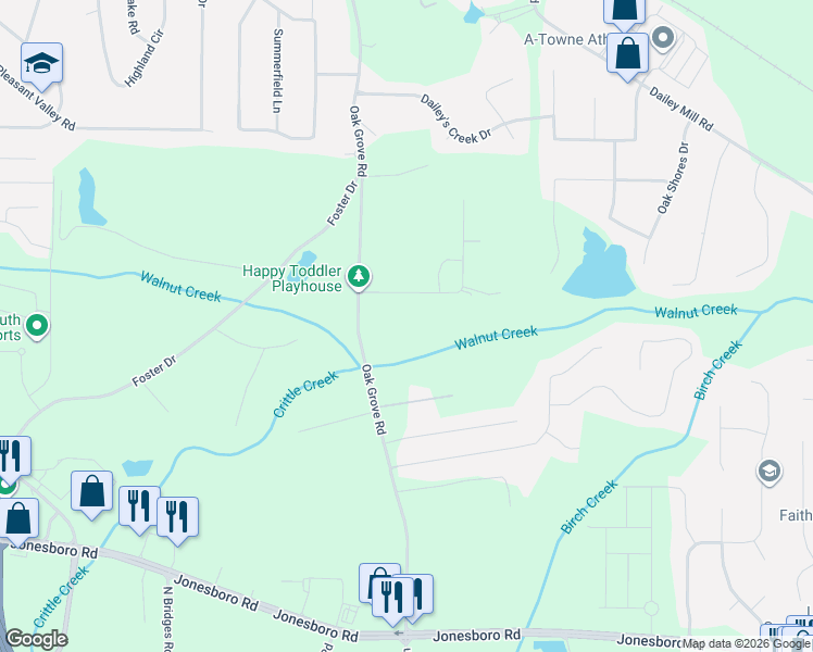 map of restaurants, bars, coffee shops, grocery stores, and more near 10 Oak Grove Circle in McDonough