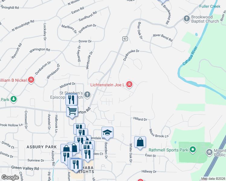 map of restaurants, bars, coffee shops, grocery stores, and more near 3152 Wellington Parkway in Vestavia Hills