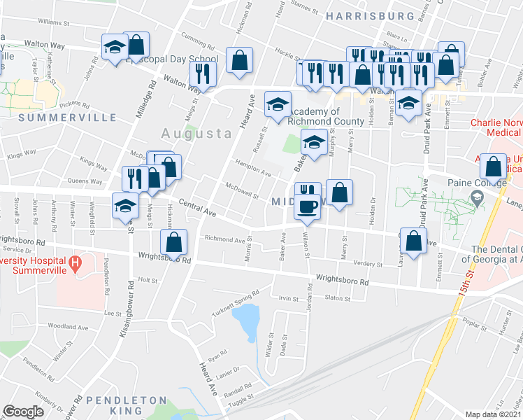 map of restaurants, bars, coffee shops, grocery stores, and more near 1103 Hogan Street in Augusta