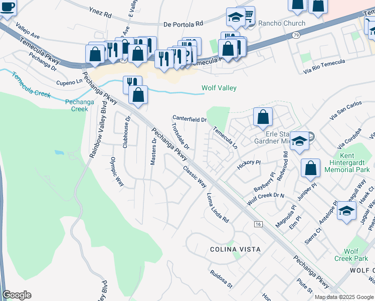 map of restaurants, bars, coffee shops, grocery stores, and more near 44975 Trotsdale Drive in Temecula