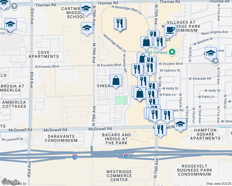 map of restaurants, bars, coffee shops, grocery stores, and more near 7730 West Palm Lane in Phoenix