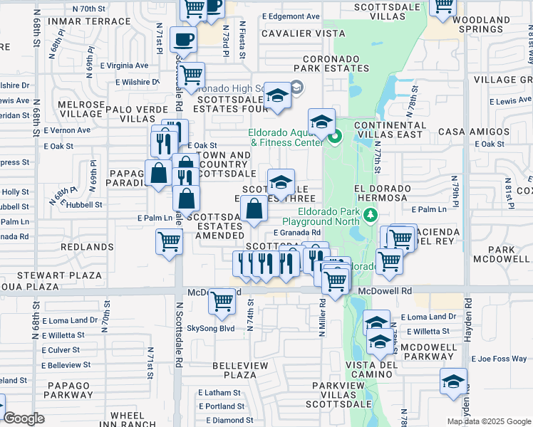 map of restaurants, bars, coffee shops, grocery stores, and more near 7422 East Palm Lane in Scottsdale