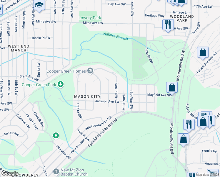 map of restaurants, bars, coffee shops, grocery stores, and more near 1817 14th Way Southwest in Birmingham