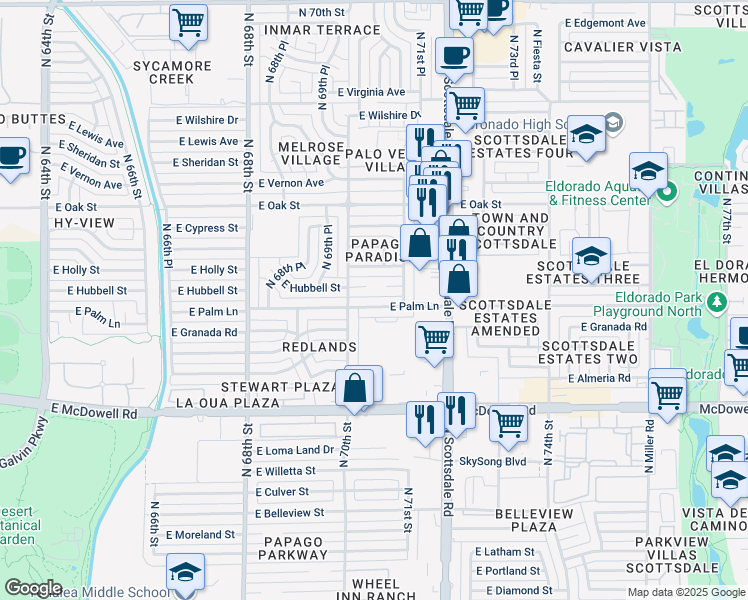 map of restaurants, bars, coffee shops, grocery stores, and more near 7002 East Palm Lane in Scottsdale