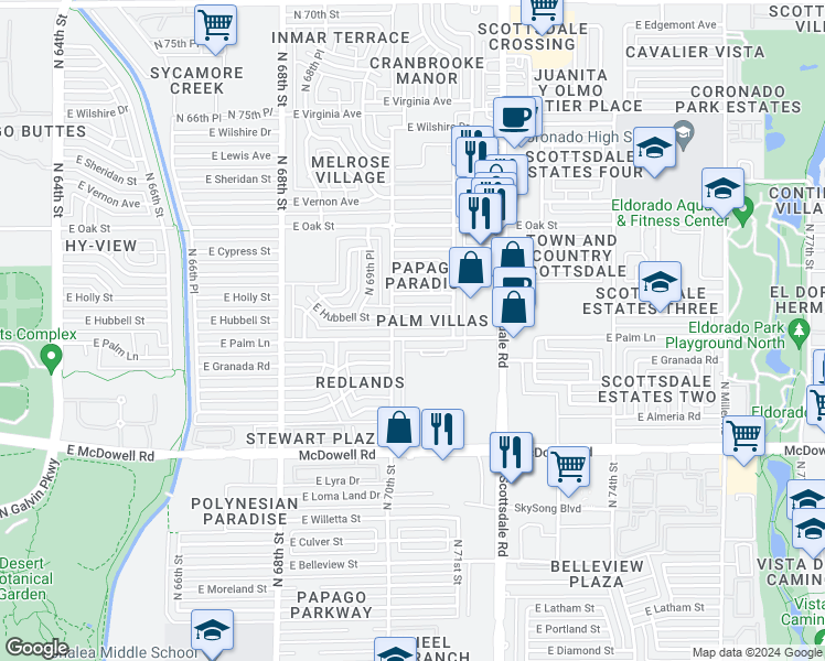 map of restaurants, bars, coffee shops, grocery stores, and more near 7002 East Palm Lane in Scottsdale