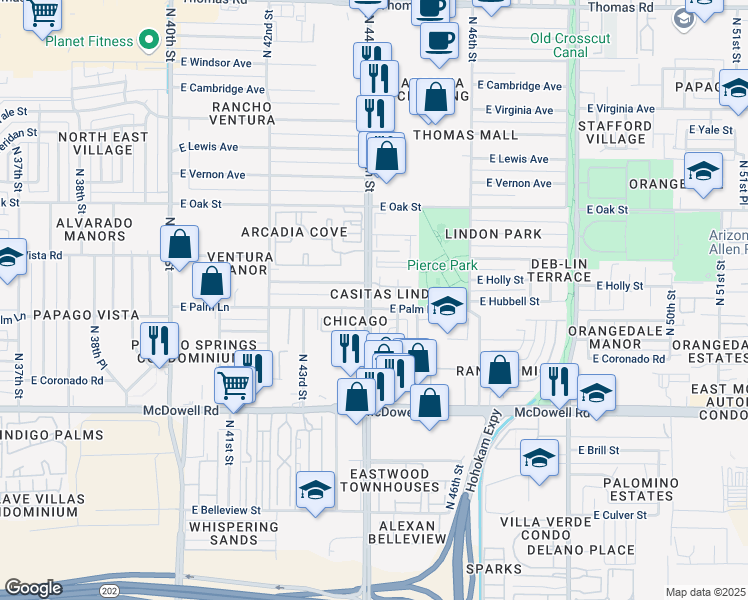 map of restaurants, bars, coffee shops, grocery stores, and more near in Phoenix