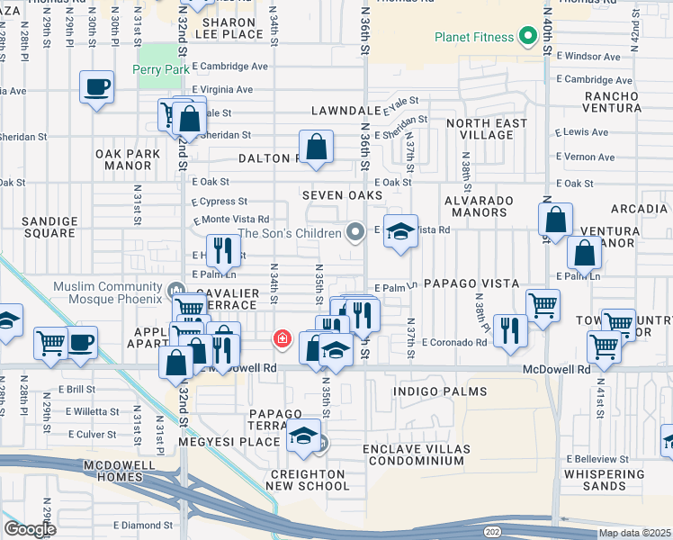 map of restaurants, bars, coffee shops, grocery stores, and more near 2000 North 36th Street in Phoenix