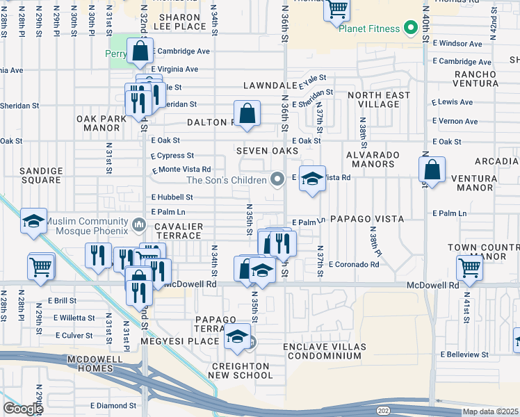 map of restaurants, bars, coffee shops, grocery stores, and more near 3444 East Palm Lane in Phoenix