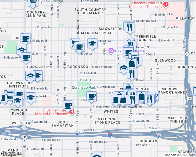 map of restaurants, bars, coffee shops, grocery stores, and more near 1326 East Palm Lane in Phoenix