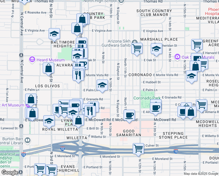 map of restaurants, bars, coffee shops, grocery stores, and more near 1002 East Palm Lane in Phoenix