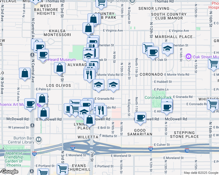 map of restaurants, bars, coffee shops, grocery stores, and more near 842 East Palm Lane in Phoenix