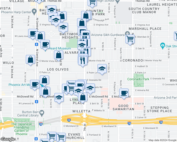 map of restaurants, bars, coffee shops, grocery stores, and more near 2001 North 7th Street in Phoenix