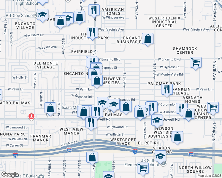 map of restaurants, bars, coffee shops, grocery stores, and more near 3402 West Palm Lane in Phoenix