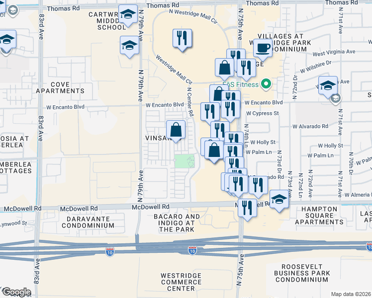 map of restaurants, bars, coffee shops, grocery stores, and more near 7730 West Palm Lane in Phoenix