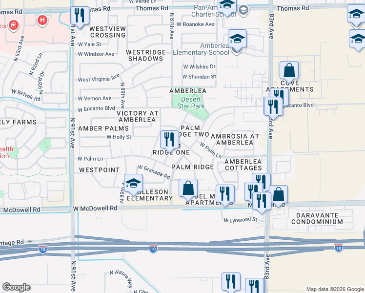 map of restaurants, bars, coffee shops, grocery stores, and more near 8618 West Monte Vista Road in Phoenix
