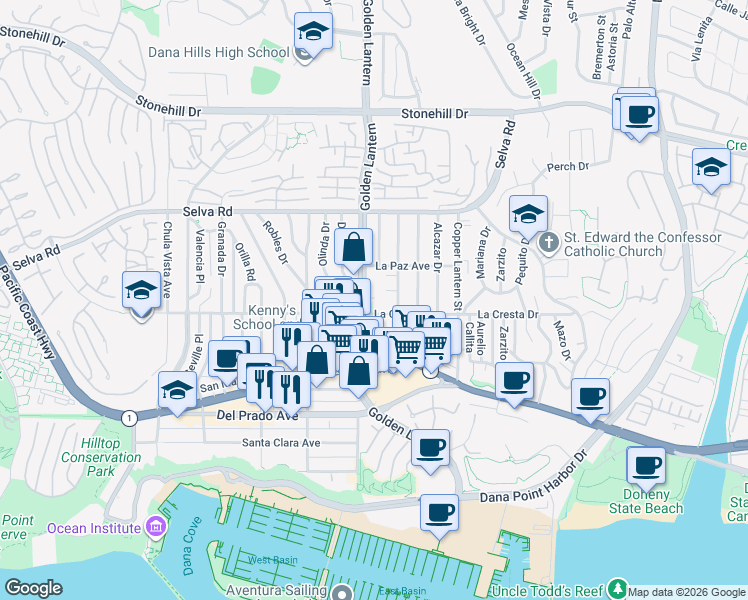 map of restaurants, bars, coffee shops, grocery stores, and more near 33926 Golden Lantern in Dana Point