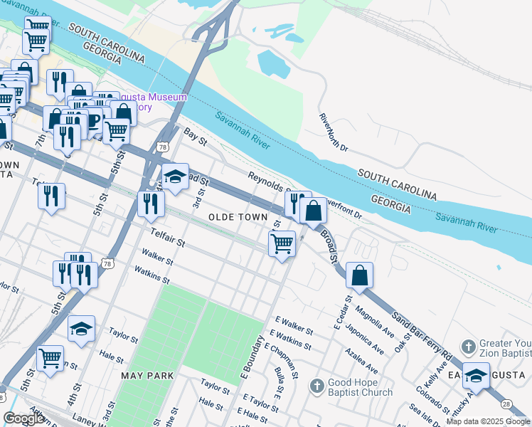 map of restaurants, bars, coffee shops, grocery stores, and more near 125 Ellis Street in Augusta