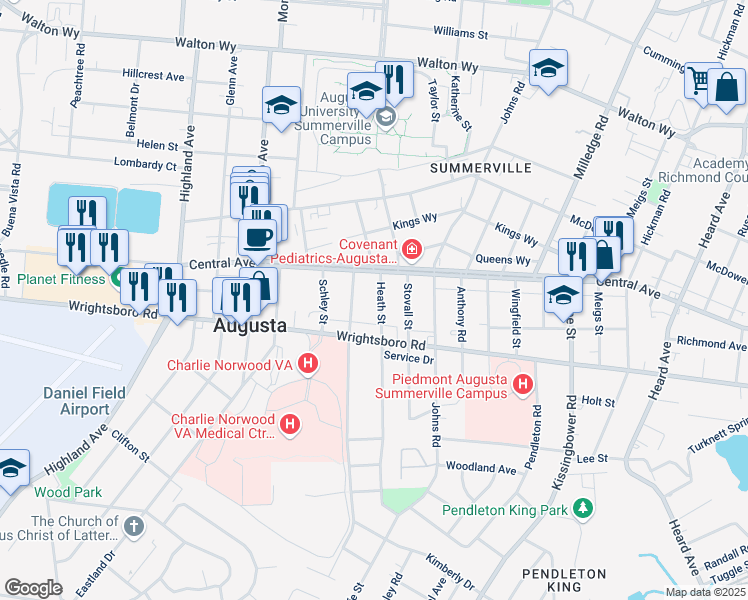 map of restaurants, bars, coffee shops, grocery stores, and more near 1419 Heath Street in Augusta