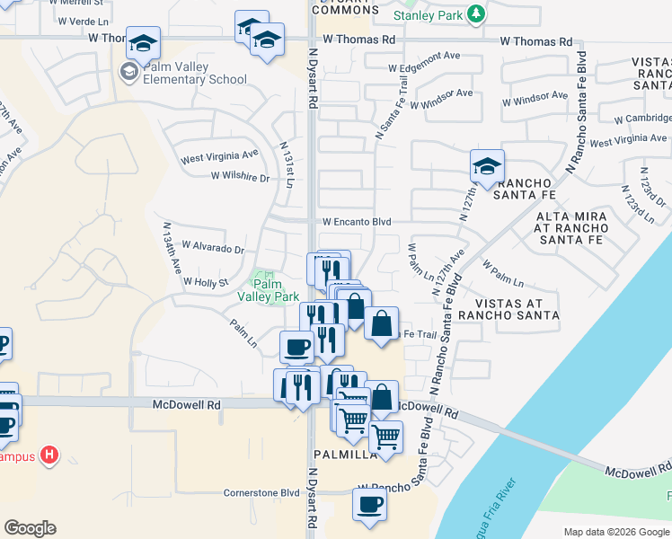 map of restaurants, bars, coffee shops, grocery stores, and more near 12913 West Palm Lane in Avondale