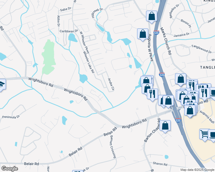 map of restaurants, bars, coffee shops, grocery stores, and more near 5198 Aruba Circle in Augusta