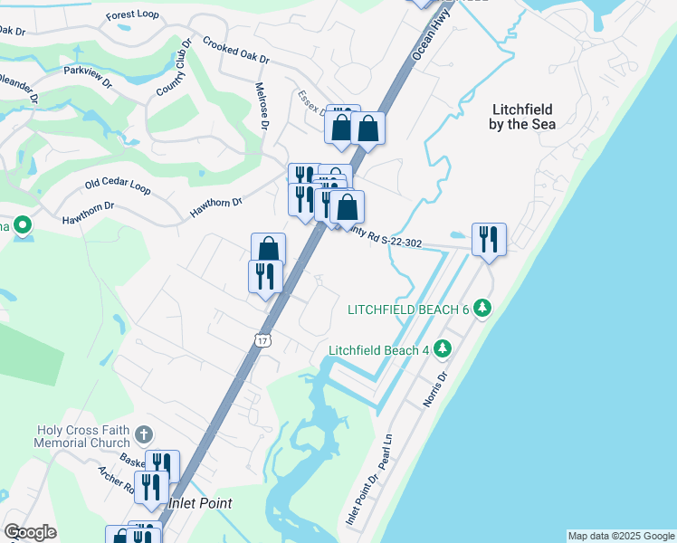 map of restaurants, bars, coffee shops, grocery stores, and more near 2556 Ocean Highway in Pawleys Island