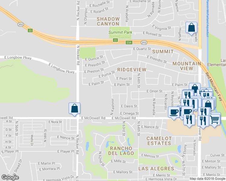 map of restaurants, bars, coffee shops, grocery stores, and more near 2945 North Kashmir in Mesa