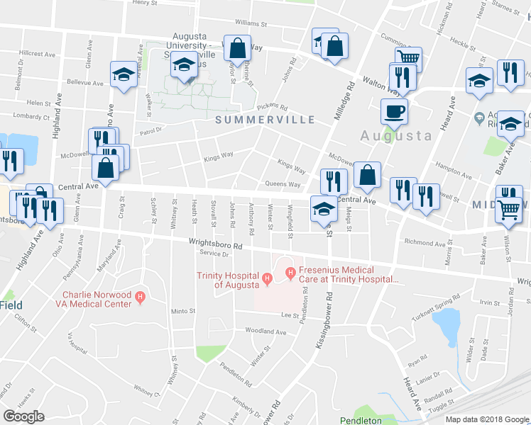 map of restaurants, bars, coffee shops, grocery stores, and more near 1321 Winter St in Augusta