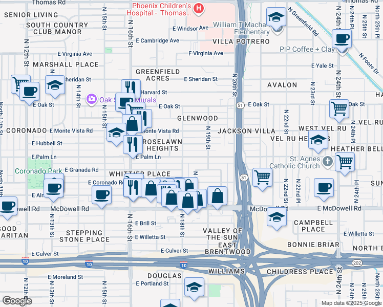 map of restaurants, bars, coffee shops, grocery stores, and more near 1816 East Palm Lane in Phoenix
