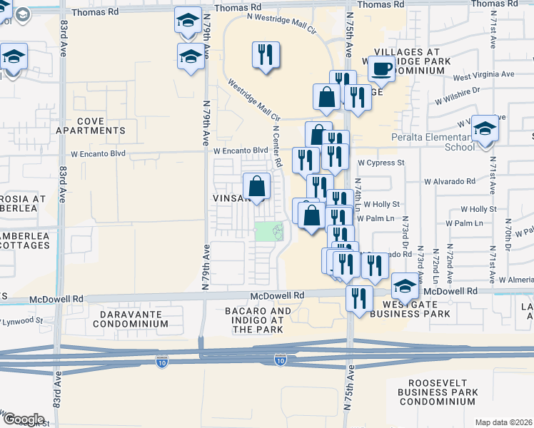 map of restaurants, bars, coffee shops, grocery stores, and more near 1941 North 77th Lane in Phoenix