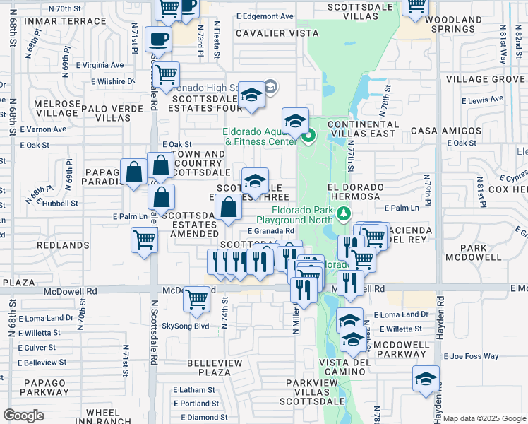 map of restaurants, bars, coffee shops, grocery stores, and more near 7502 East Palm Lane in Scottsdale