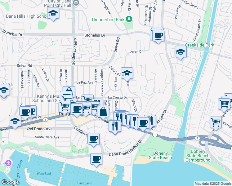 map of restaurants, bars, coffee shops, grocery stores, and more near 25102 Alicia Drive in Dana Point