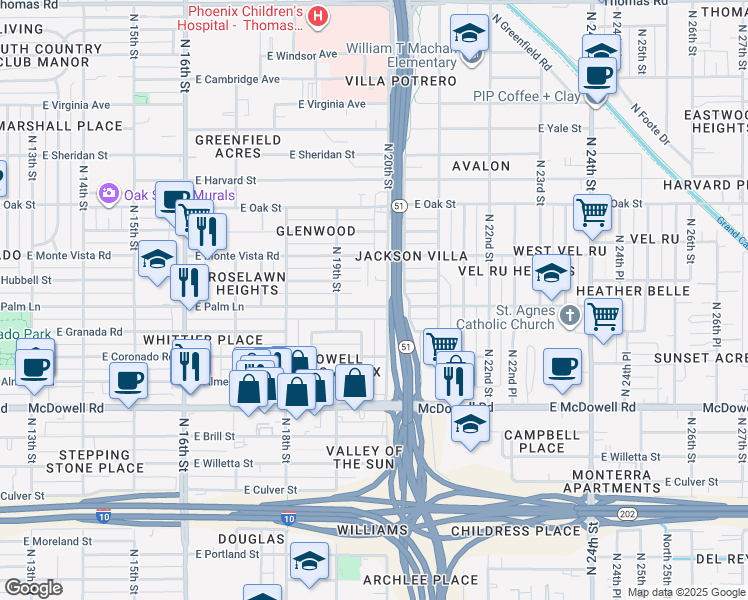 map of restaurants, bars, coffee shops, grocery stores, and more near 1942 East Palm Lane in Phoenix