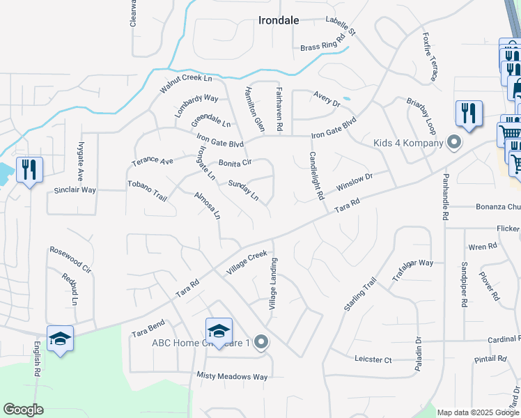 map of restaurants, bars, coffee shops, grocery stores, and more near 1185 Sunday Lane in Jonesboro