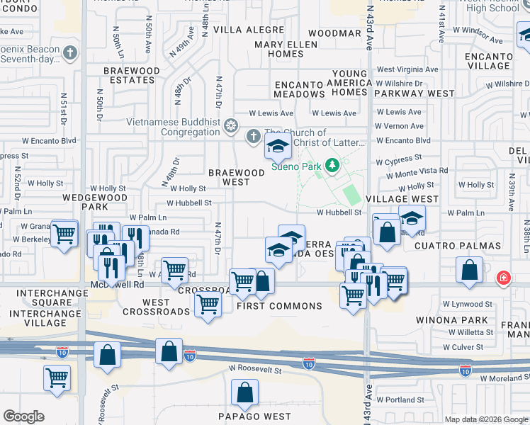 map of restaurants, bars, coffee shops, grocery stores, and more near 1843 North 46th Avenue in Phoenix