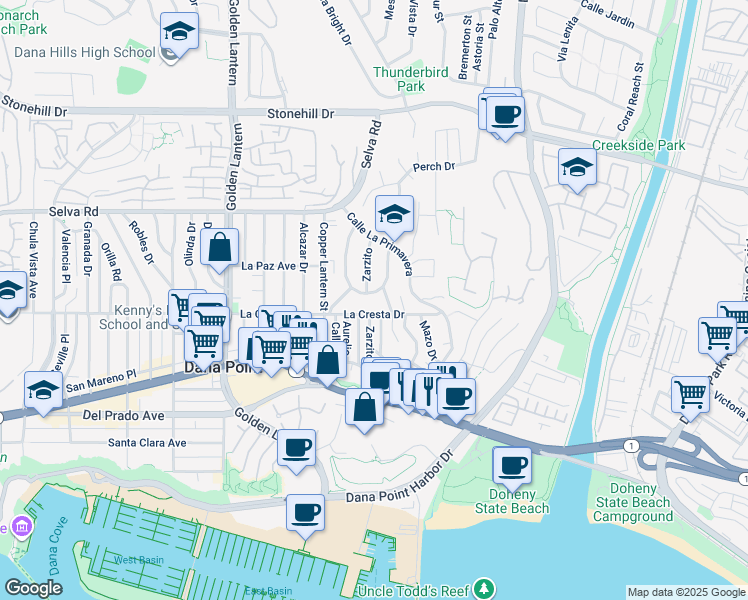 map of restaurants, bars, coffee shops, grocery stores, and more near 25122 Alicia Dr in Dana Point