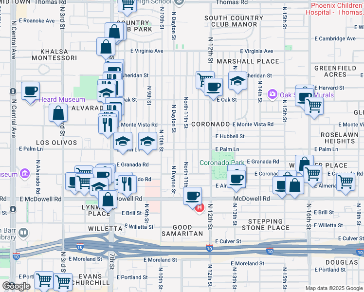 map of restaurants, bars, coffee shops, grocery stores, and more near 1040 East Palm Lane in Phoenix