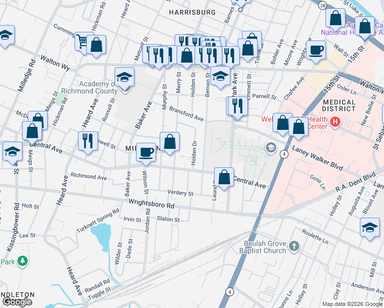 map of restaurants, bars, coffee shops, grocery stores, and more near 1709 Holden Court in Augusta