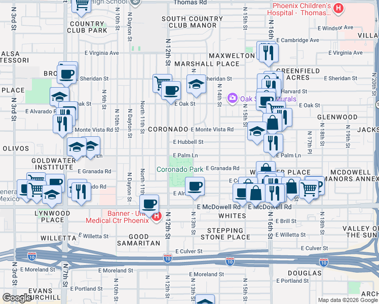 map of restaurants, bars, coffee shops, grocery stores, and more near 1244 East Palm Lane in Phoenix