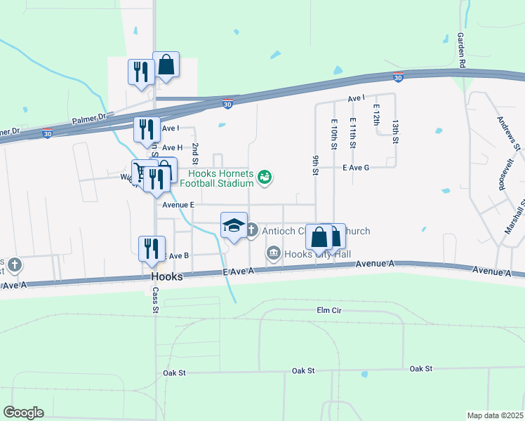 map of restaurants, bars, coffee shops, grocery stores, and more near 508 Avenue East in Hooks