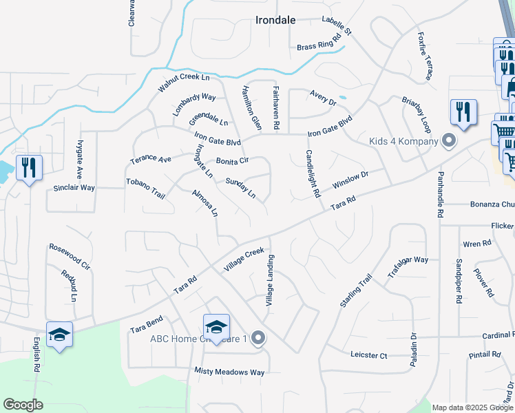 map of restaurants, bars, coffee shops, grocery stores, and more near 1185 Sunday Lane in Jonesboro