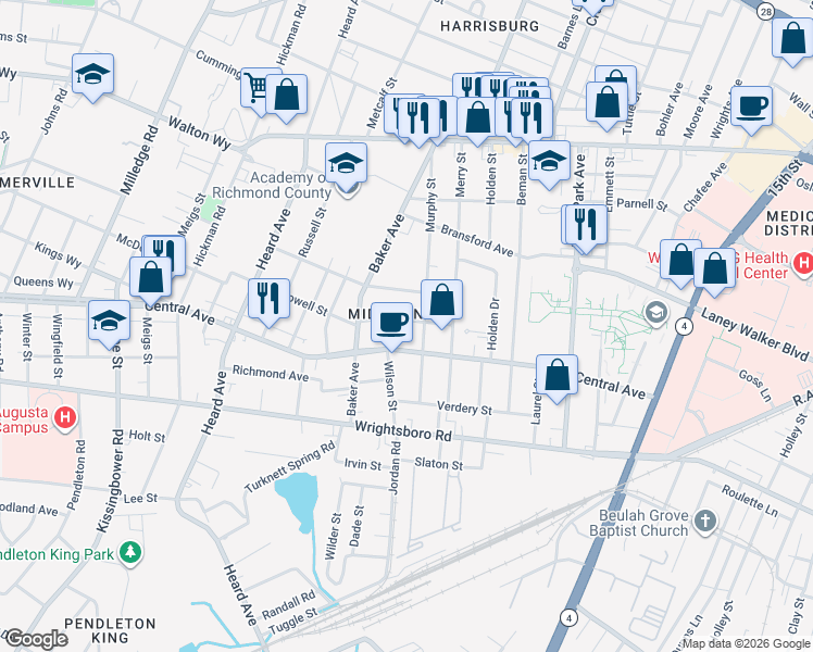 map of restaurants, bars, coffee shops, grocery stores, and more near 1826 McDowell Street in Augusta