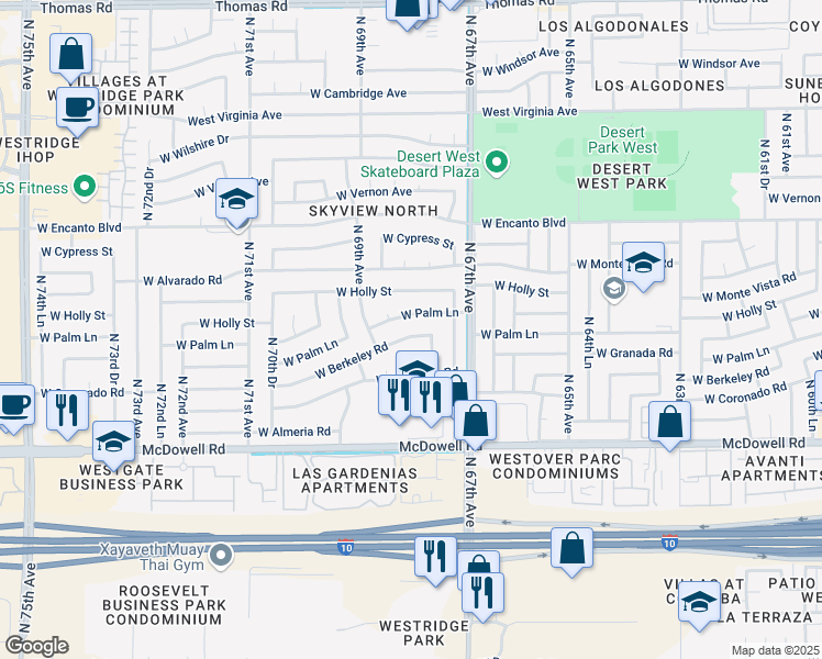 map of restaurants, bars, coffee shops, grocery stores, and more near 6834 West Berkeley Road in Phoenix