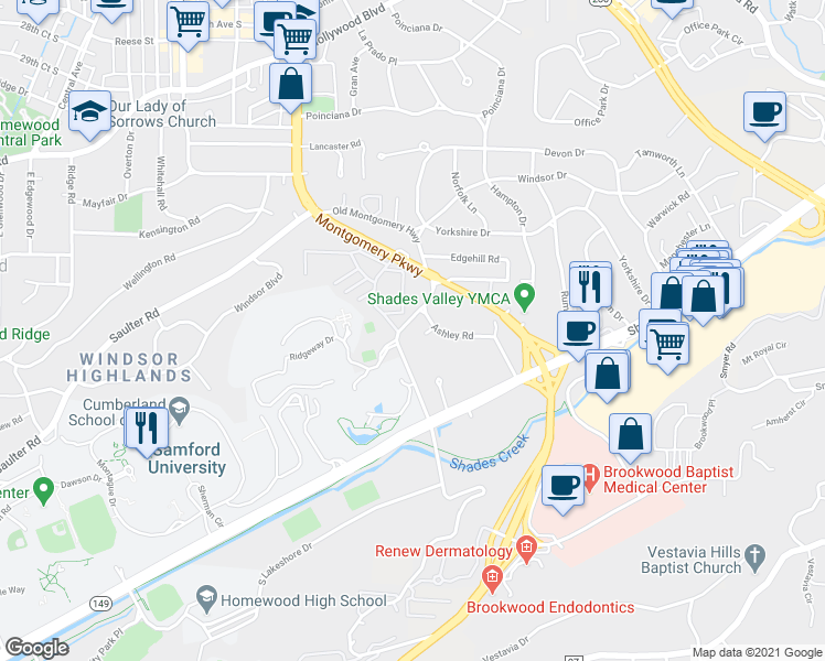 map of restaurants, bars, coffee shops, grocery stores, and more near 3504 Ashley Circle in Birmingham