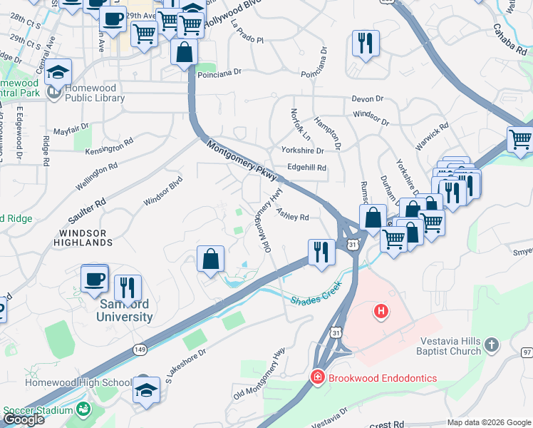 map of restaurants, bars, coffee shops, grocery stores, and more near 3504 Ashley Circle in Birmingham