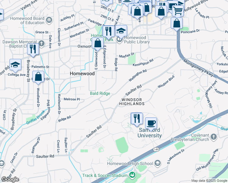 map of restaurants, bars, coffee shops, grocery stores, and more near 1531 Wellington Road South in Homewood