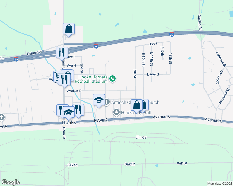 map of restaurants, bars, coffee shops, grocery stores, and more near 508 Avenue East in Hooks