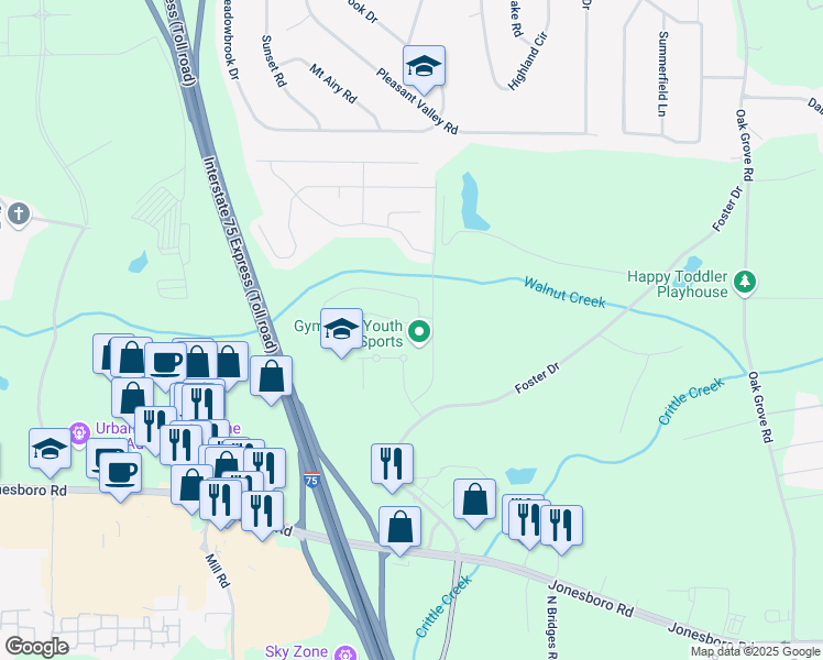 map of restaurants, bars, coffee shops, grocery stores, and more near 113 Janney Circle in McDonough